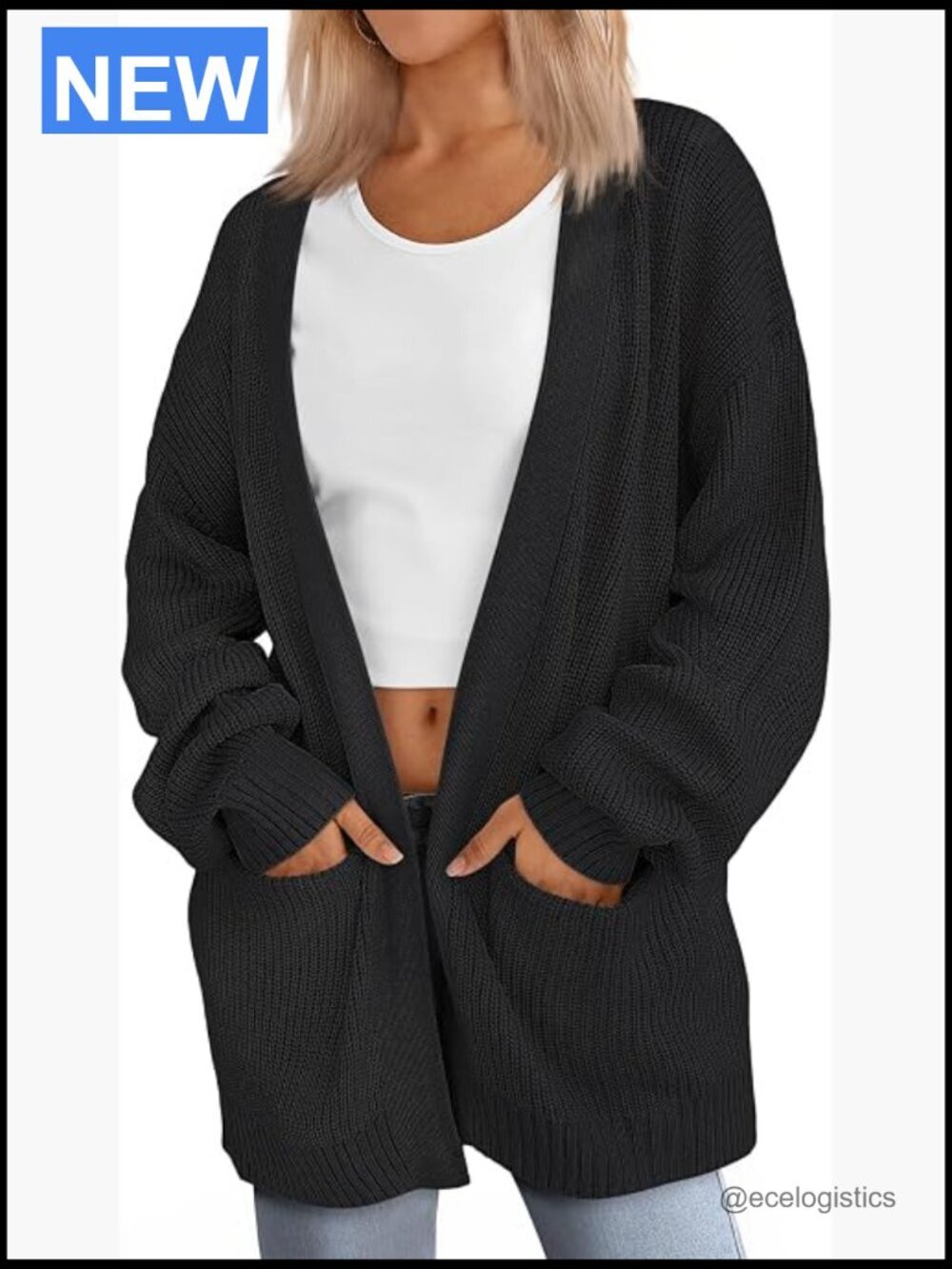 Oversized Knit Cardigan with Pockets Soft Open Front Long Sleeve